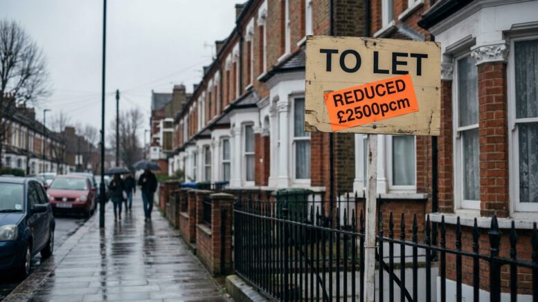 To Let sign outside London terraced house with price change