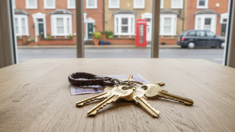 House keys on table with UK street in background