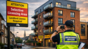 Modern apartment block in a UK selective licensing area, with a council enforcement officer inspecting the property.