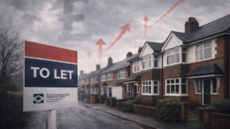 British suburban terraced house with a “To Let” sign under grey skies, overlaid with upward red arrows and a faded pound symbol to suggest rising rents.