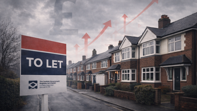 British suburban terraced house with a “To Let” sign under grey skies, overlaid with upward red arrows and a faded pound symbol to suggest rising rents.