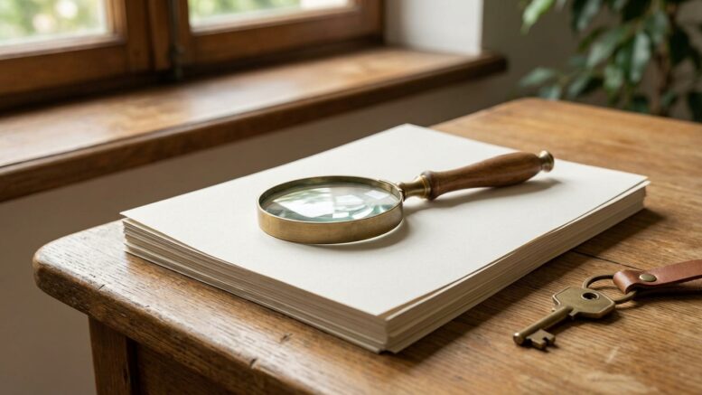 Magnifying glass and house key on desk representing tenant screening