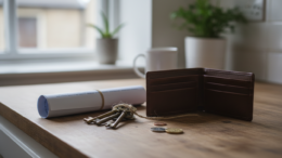 Rental contract with keys and wallet on kitchen counter