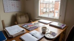 Landlord's cluttered desk with marked calendar