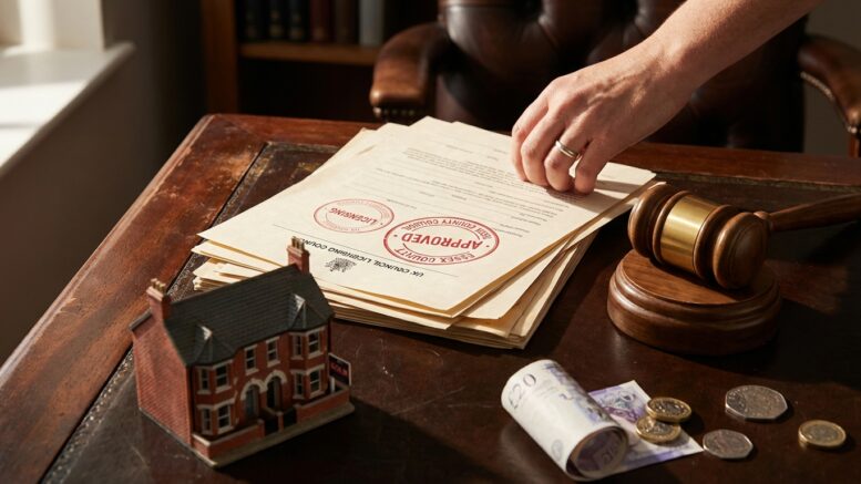 Council licensing documents approved with gavel and house model
