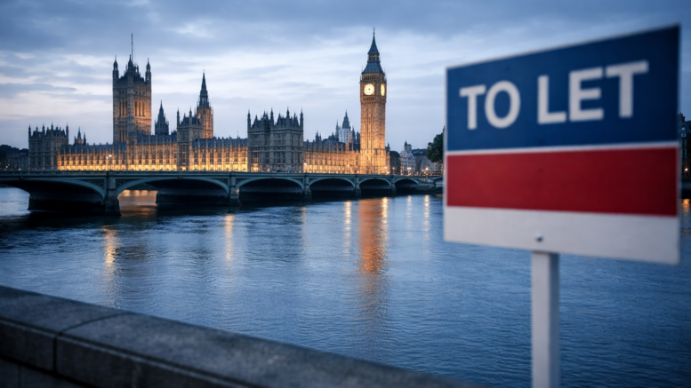 Realistic dawn view of the Houses of Parliament across the River Thames in cool blue tones, with a slightly out-of-focus “To Let” sign in the foreground, styled as an editorial news photograph.
