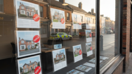 Estate agency window with property listings and sold notices