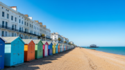 Brighton seafront with beach huts and Regency buildings
