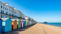 Brighton seafront with beach huts and Regency buildings