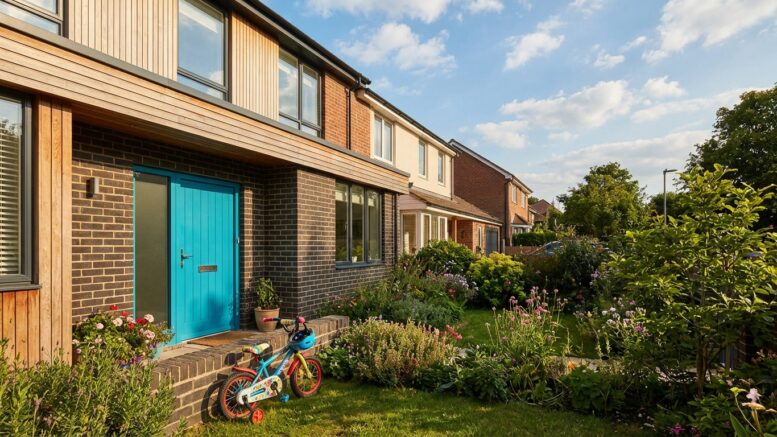 British family home with colourful door and garden