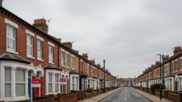 Row of British terraced houses with To Let signs