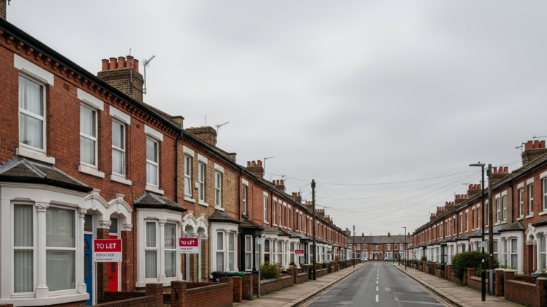 Row of British terraced houses with To Let signs