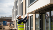 Building inspector examining modern apartment block exterior