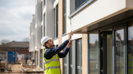 Building inspector examining modern apartment block exterior
