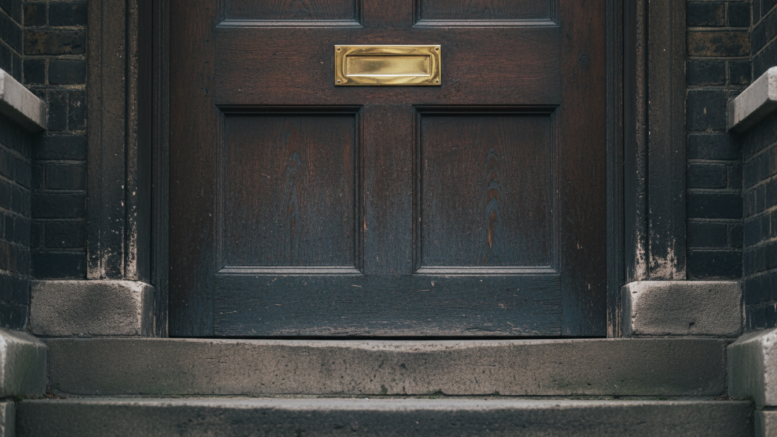 Closed Victorian townhouse door with brass letterbox