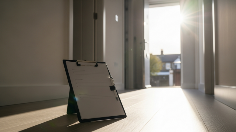 Property inspection clipboard in UK rental home hallway
