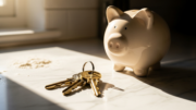 Door keys and piggy bank representing deposit savings barrier
