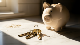 Door keys and piggy bank representing deposit savings barrier
