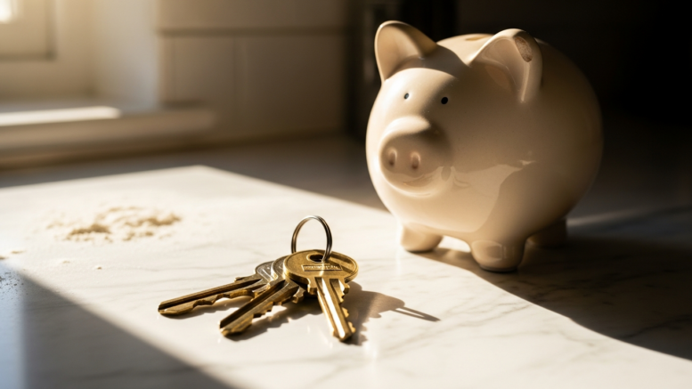 Door keys and piggy bank representing deposit savings barrier