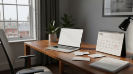 Tax deadline calendar showing April with laptop on desk