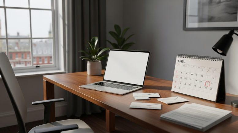 Tax deadline calendar showing April with laptop on desk