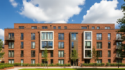 Modern British red brick apartment building exterior