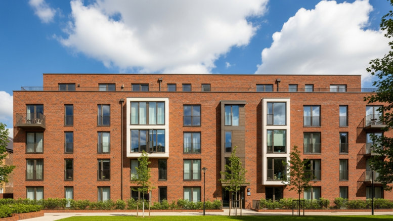 Modern British red brick apartment building exterior