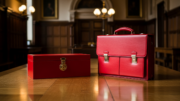British government red budget briefcase on table