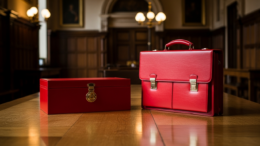 British government red budget briefcase on table