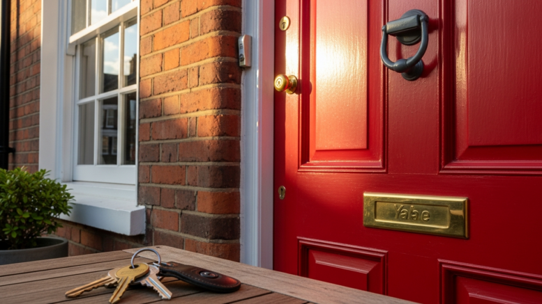 Front door lock with house keys on table