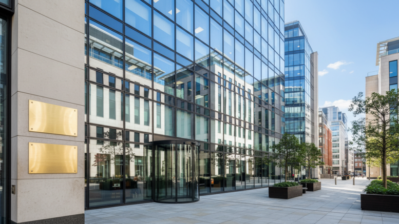Modern office building with company nameplates at entrance