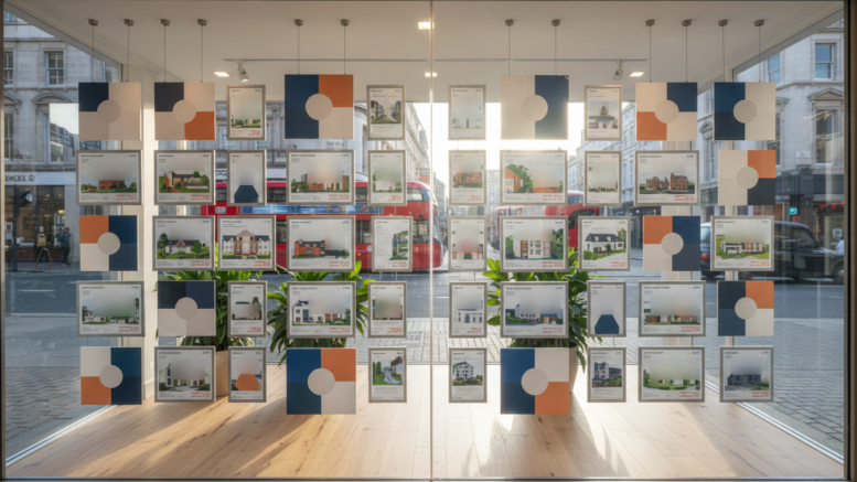 Estate agent window display with property listings