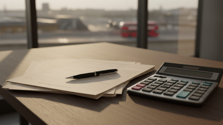 Mortgage application paperwork with calculator on desk