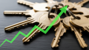 Door keys with rising arrow graph showing mortgage cost increases