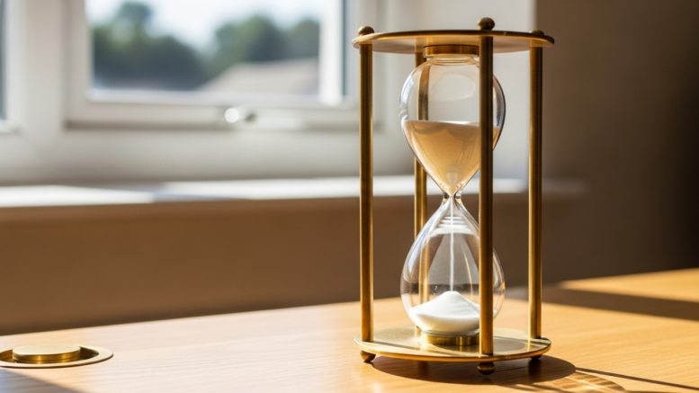 Hourglass with sand running low on desk