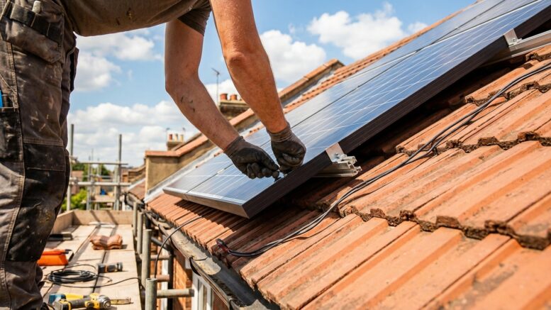 Solar panels installed on British terraced house roof