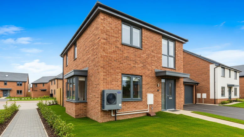 New build homes with heat pump unit on British housing development