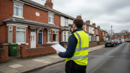 EPC assessor with thermal camera inspecting UK terraced house