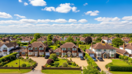 Aerial view of British suburban homes showing housing wealth