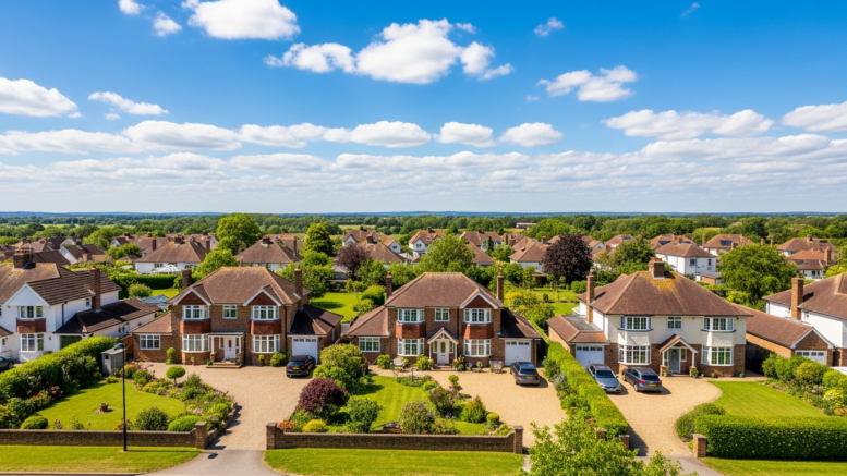 Aerial view of British suburban homes showing housing wealth