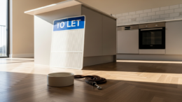 Empty pet bowl beside To Let sign in vacant rental flat