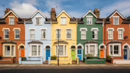 Colourful British terraced houses in afternoon sunlight