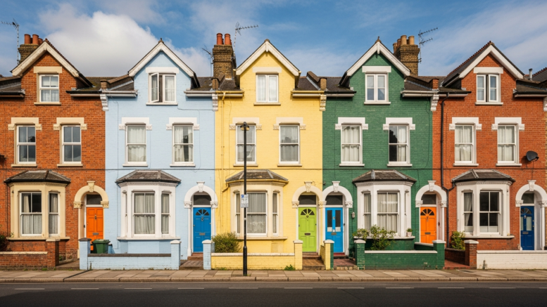 Colourful British terraced houses in afternoon sunlight