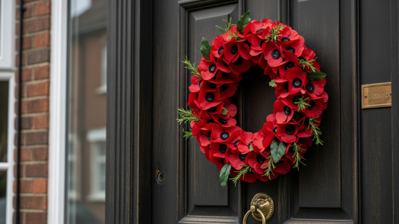 Poppy wreath on residential property door