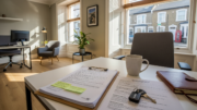 UK letting agency office with property management paperwork