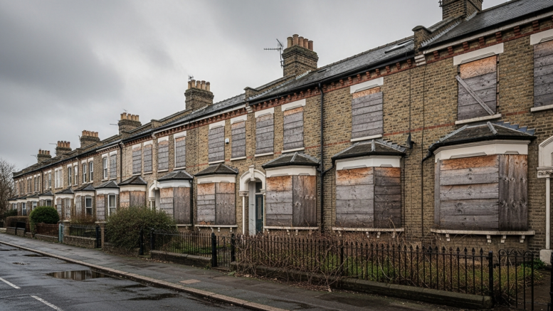 Boarded up Victorian terraced houses in need of renovation