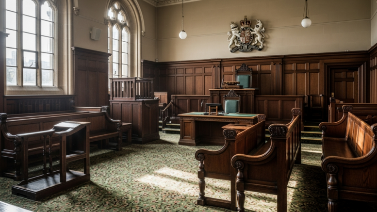 Empty British county courtroom with wooden benches
