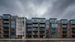 Modern apartment block with maintenance scaffolding in UK city