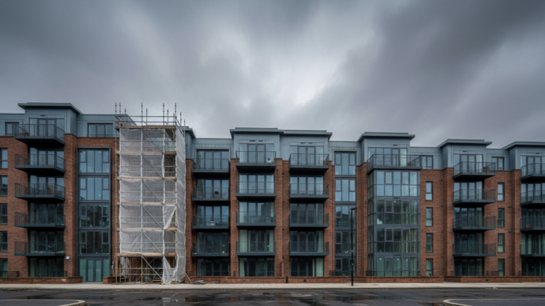 Modern apartment block with maintenance scaffolding in UK city
