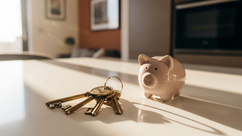 House keys and piggy bank on modern kitchen counter